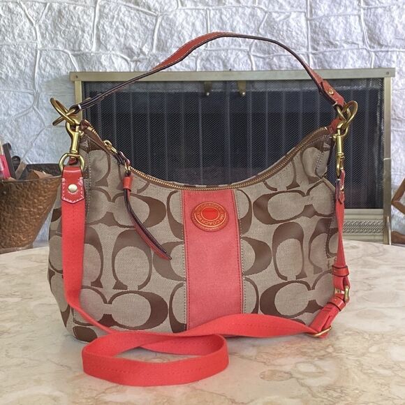 Coach Signature Canvas Shoulder Bag F19281 Brown & Salmon - Picture 3 of 13